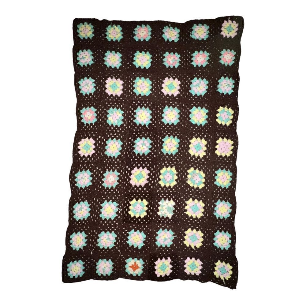 Vintage Handmade Brown Multicolor Granny Square Crochet Blanket Throw Afgan EUC